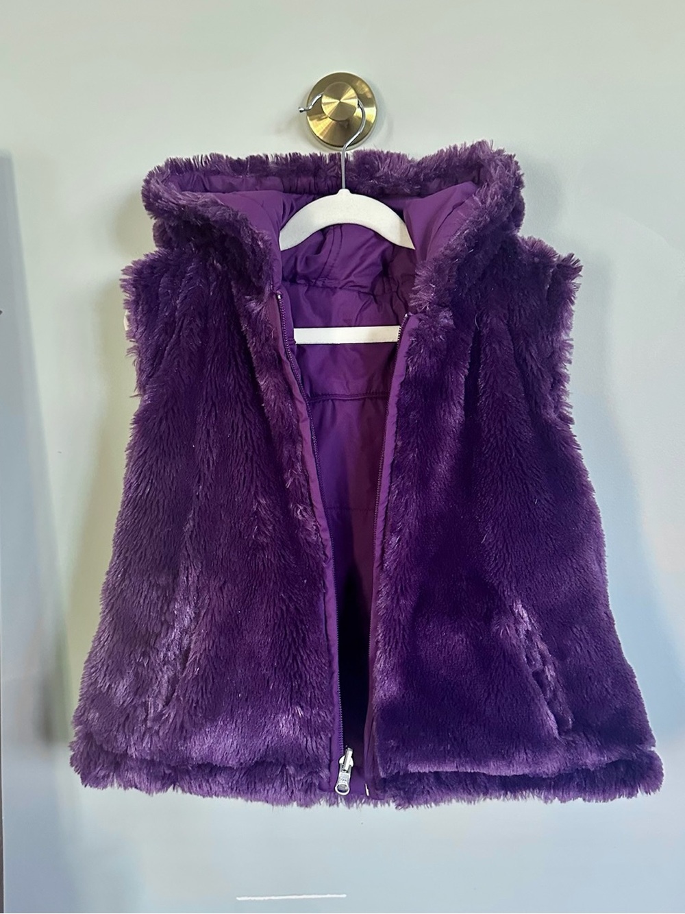 KC Collections Girls 7/8 Reversible Faux Fur Puffer Vest Purple Hooded
